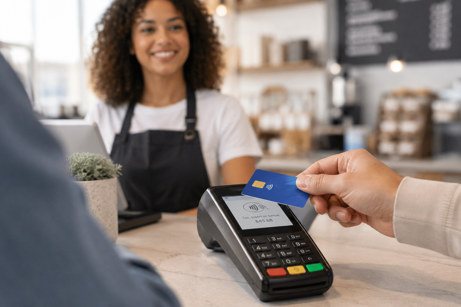 Customer tapping a credit card on a countertop payment terminal at a cafe