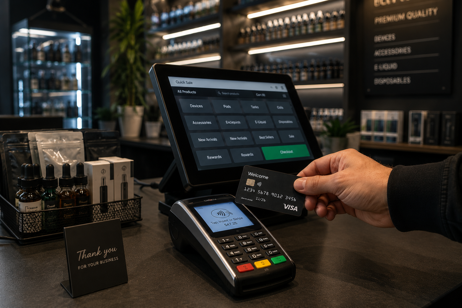 Retail POS checkout with payment terminal and contactless card tap
