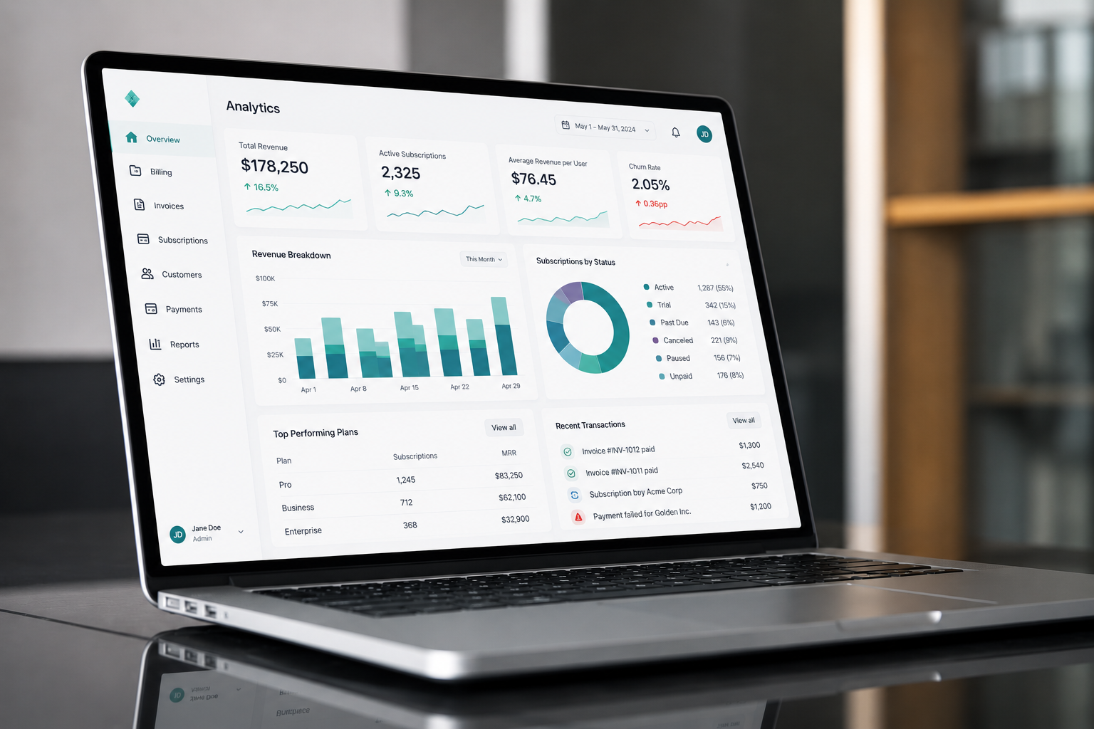 SaaS analytics dashboard on a laptop showing revenue, subscriptions, and churn metrics